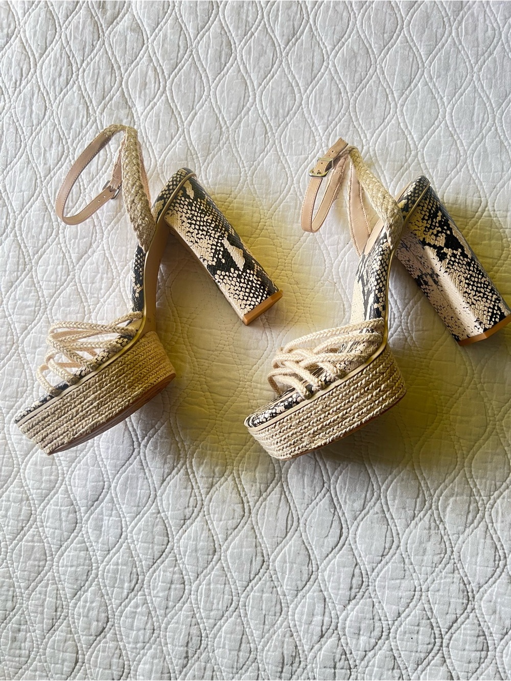 BOHO Gianni Bini Black and Cream Snake-Print Espadrille Platform Sandals